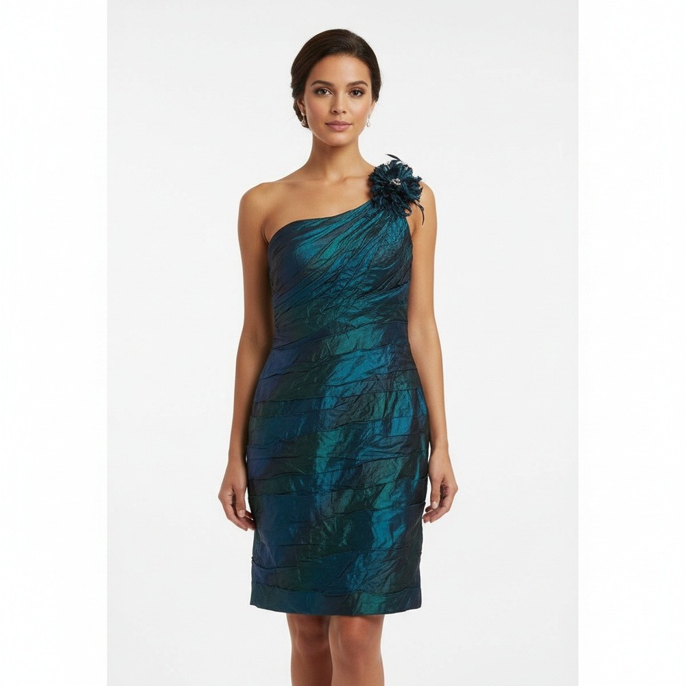 Vtg y2k Alberto Makali cocktail dress formal One Shoulder iridescent Feathers